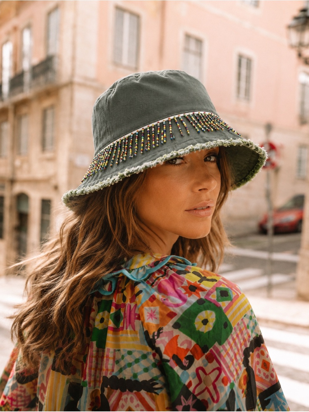 NWT Badgley Mischka Olive Beaded Fringe Bucket Hat Cotton Boho Festival Resort